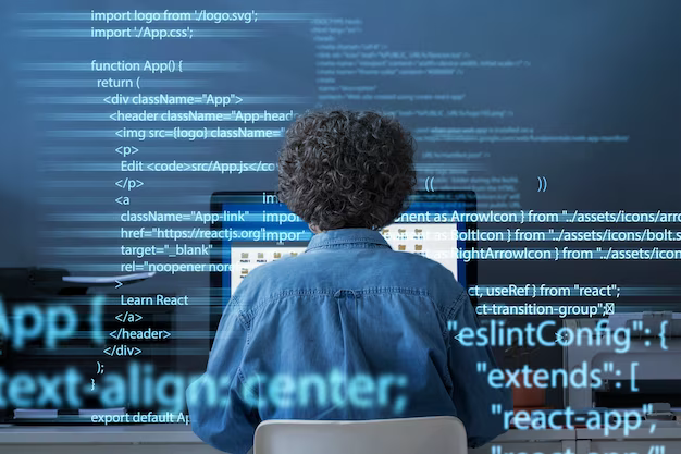 Man working at a computer, rear view