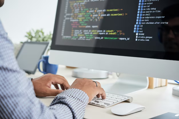 A man sitting at a computer writes code