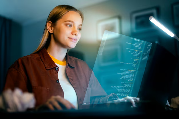 Woman working on a laptop, program code in the foreground