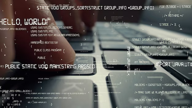 Fingers on the keyboard, program code in the foreground, close-up view