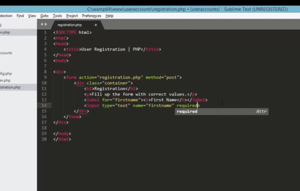 Presentation slide showing a PHP User Registration Form layout