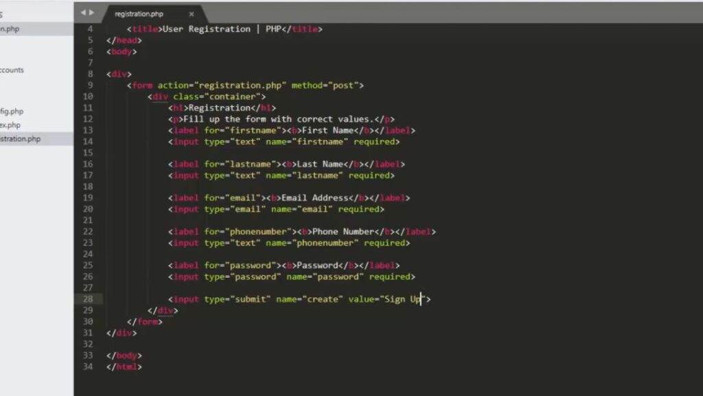 Screenshot of PHP registration form HTML code with correct input types and form elements