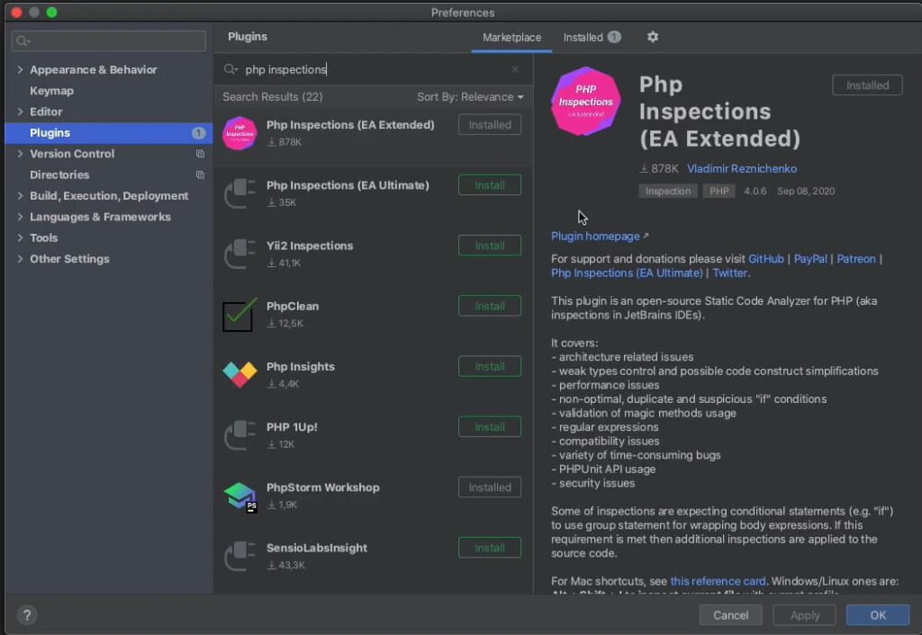 A plugin marketplace in an IDE showing PHP code inspection tools