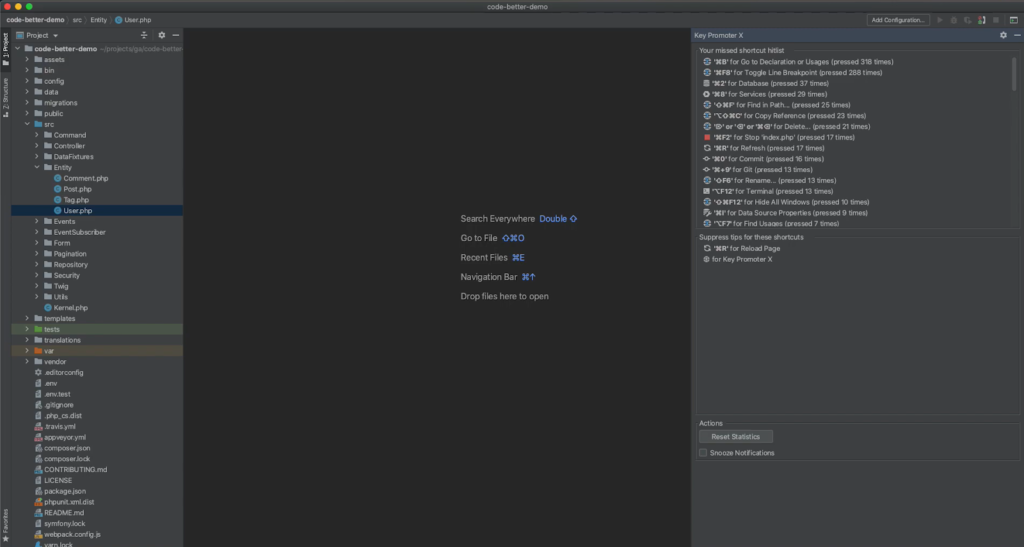 A screenshot of an IDE with a project file tree and a recent files popu