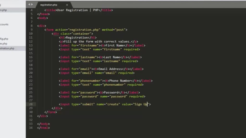 Screenshot of PHP registration form HTML code with correct input types and form elements